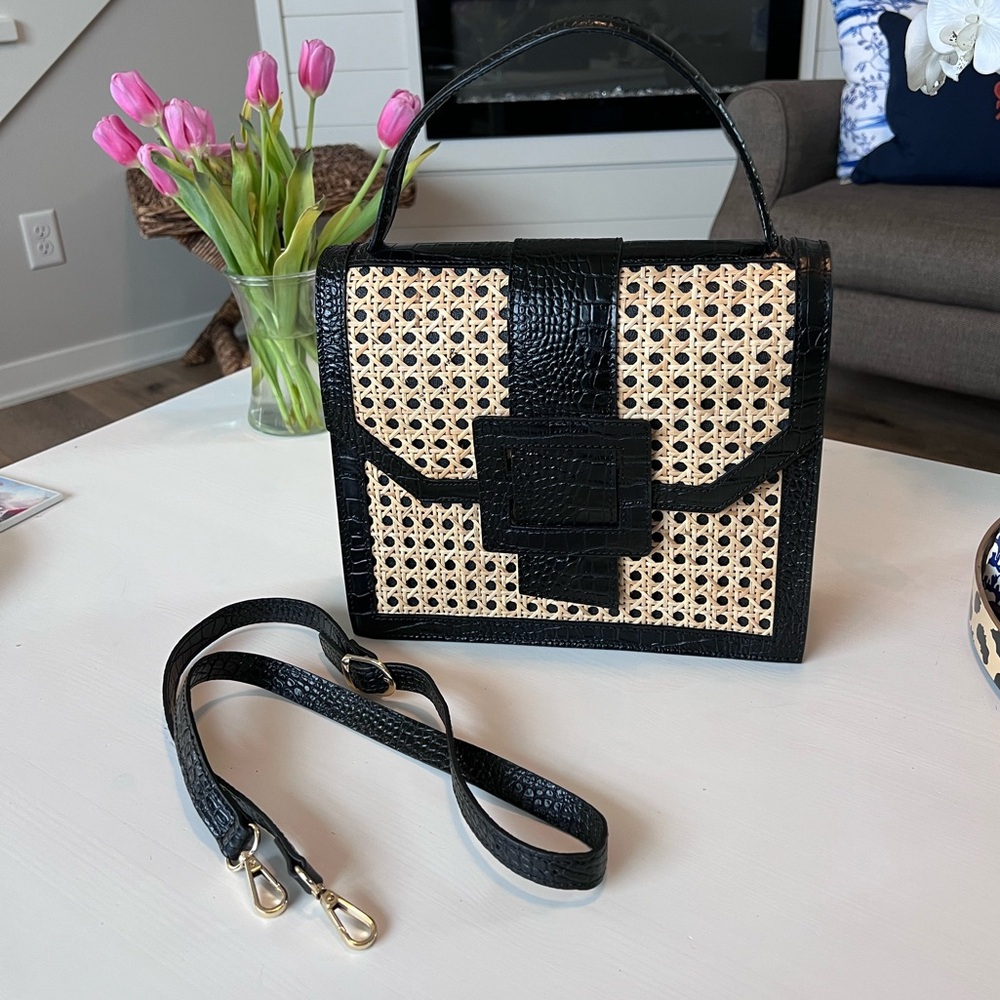 Black and Natural Woven Satchel Handbag - like new condition